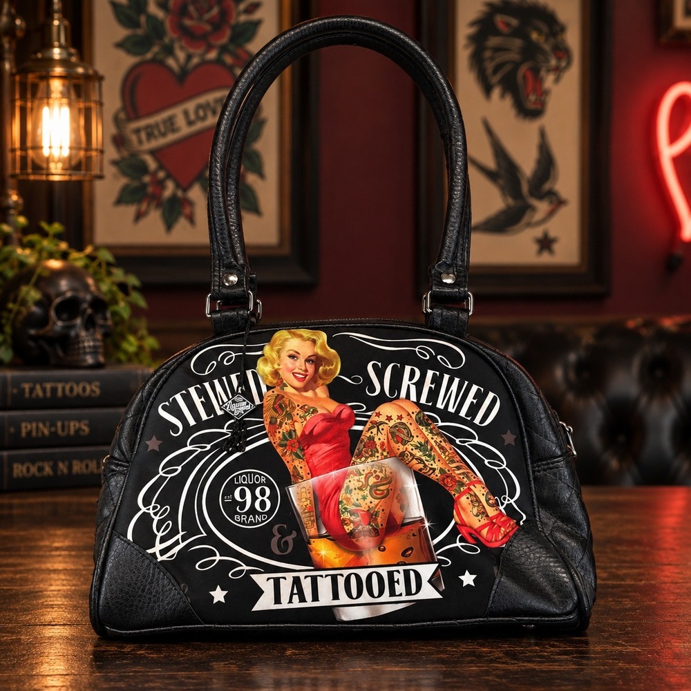 Rockabilly Pinup Graphic Bowler Style Handbag Faux Leather Purse Punk ALT